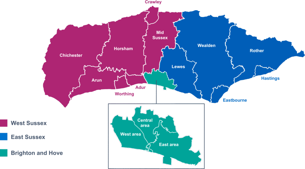 Map of Sussex showing neighbourhoods labeled